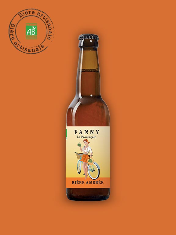 Bouteille de bière Ambrée Fanny la Provençale, fond orange chaleureux