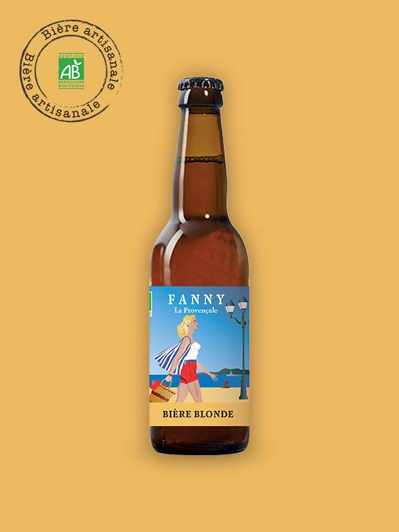 Bouteille de bière blonde Fanny la Provençale, brassée en Provence, fond doré lumineux